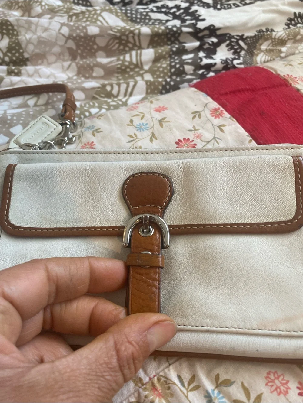 VINTAGE COACH Cream and Brown Leather Wallet with Buckle Accent & Wrist Strap